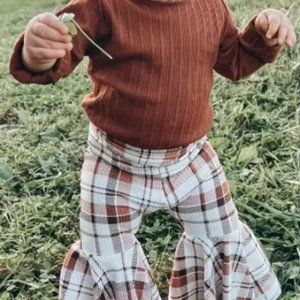 Plaid Thanksgiving Dress Fall Groovy Outfit Clothes Bell Pants Top Hippie 70s